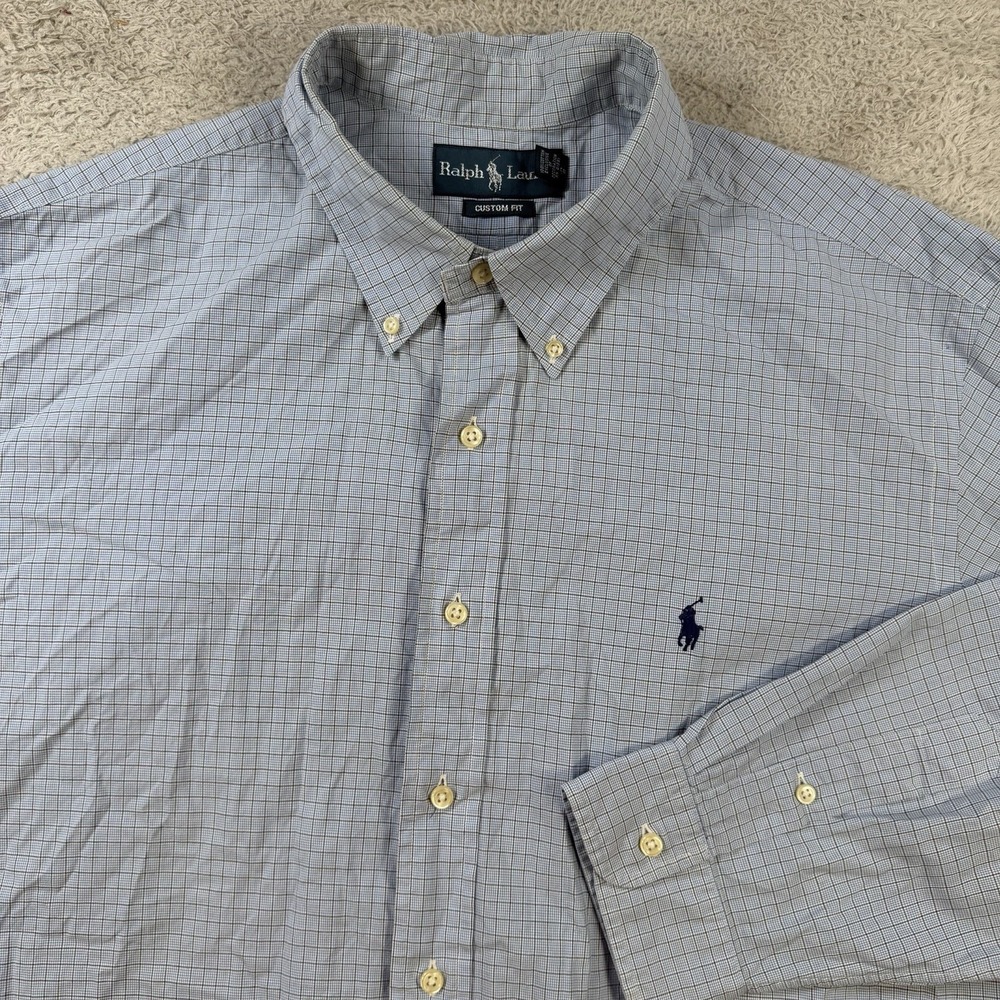 Polo Ralph Lauren Shirt Mens 2XL Blue Check Custom Fit Long Sleeve Button Pony